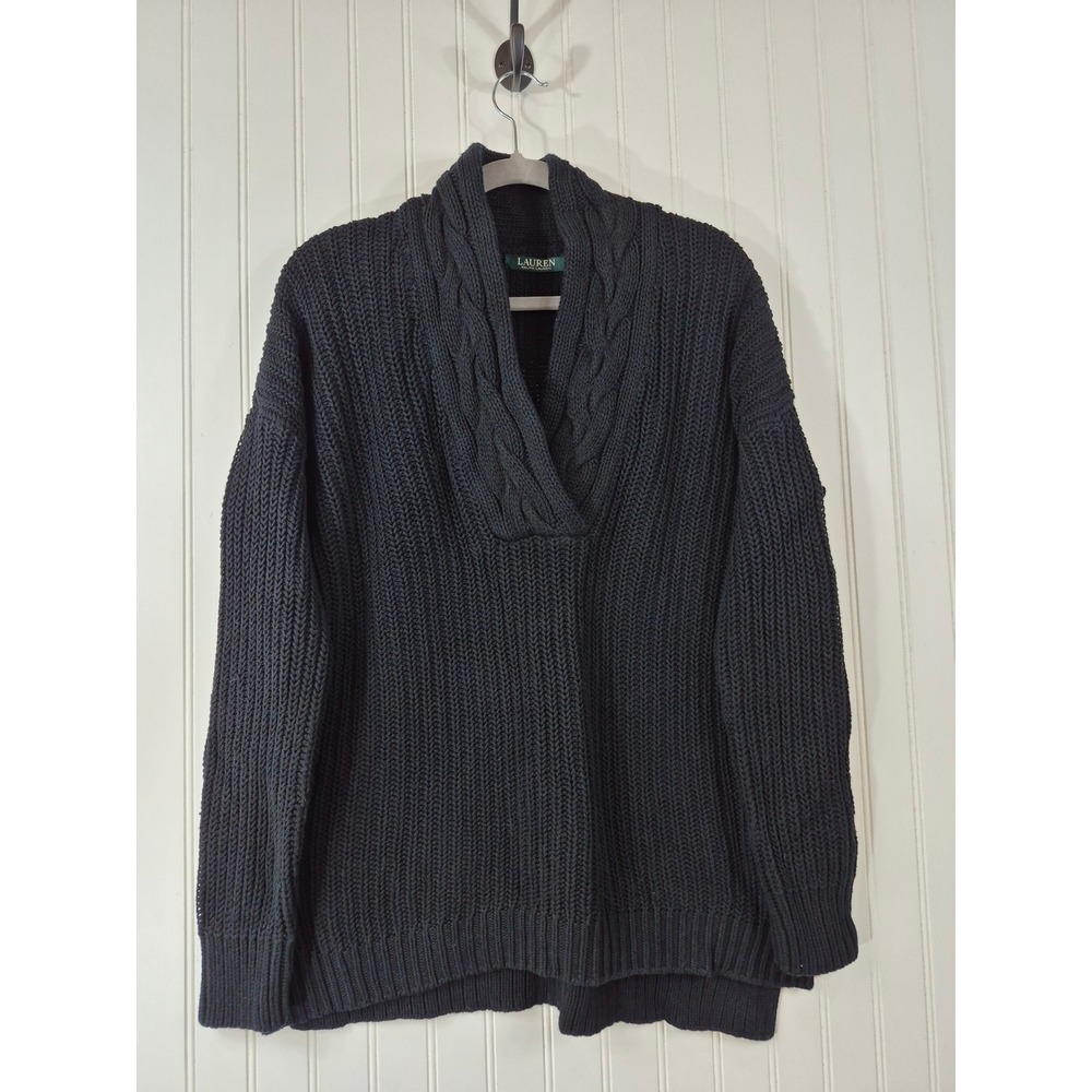 Lauren RL Womens Black Cotton Shaker Knit Shawl Collar Pullover Sweater Size M